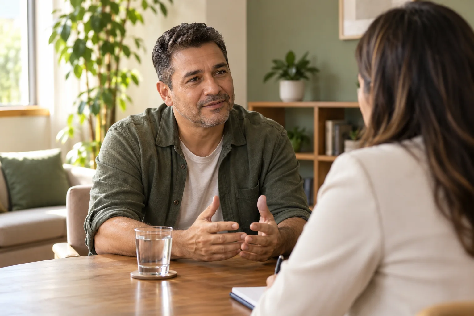 Cena ilustrativa de um homem conversando com uma profissional em um ambiente acolhedor.