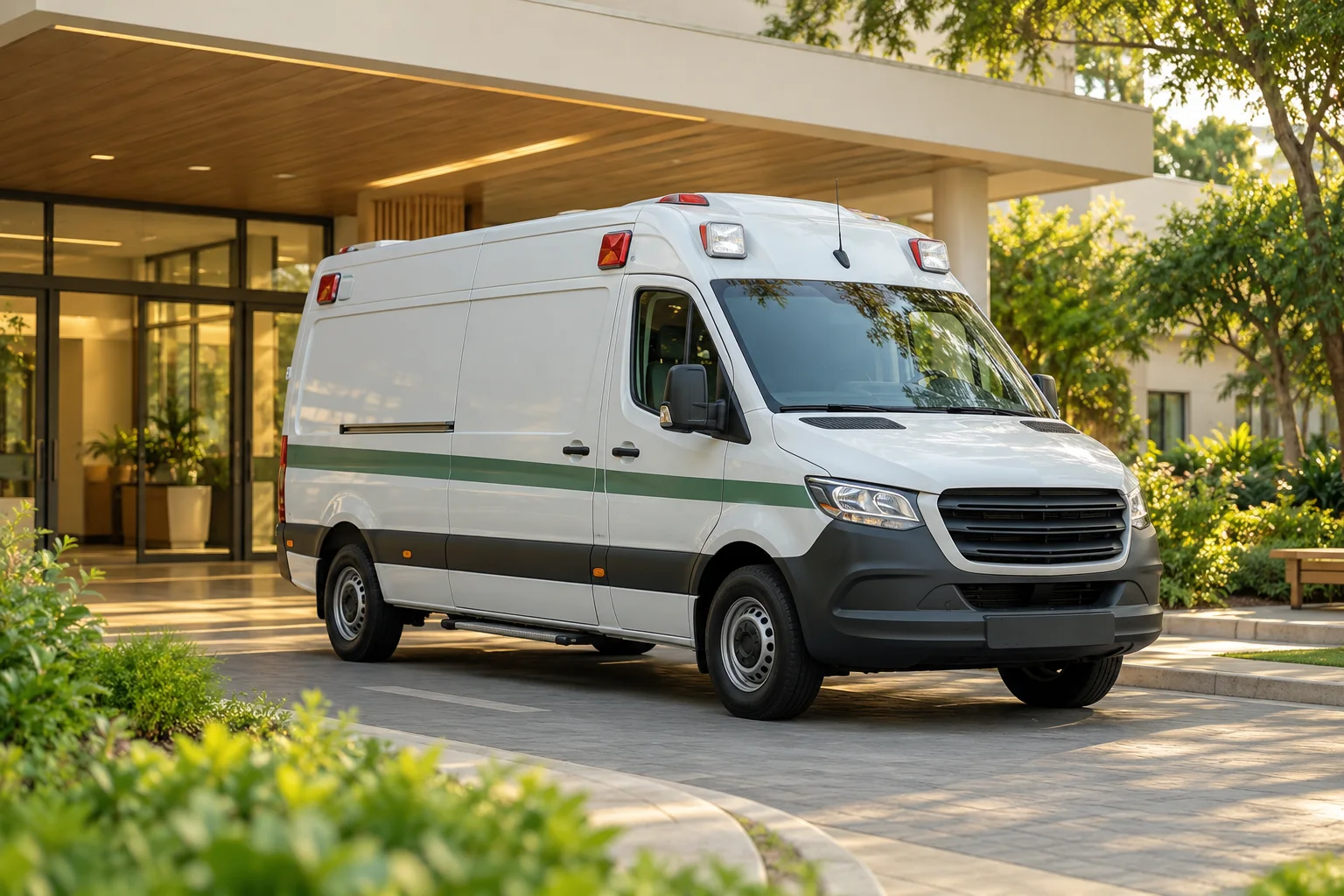 Veículo de transporte de pacientes em imagem ilustrativa; não representa a frota da LB Internações.