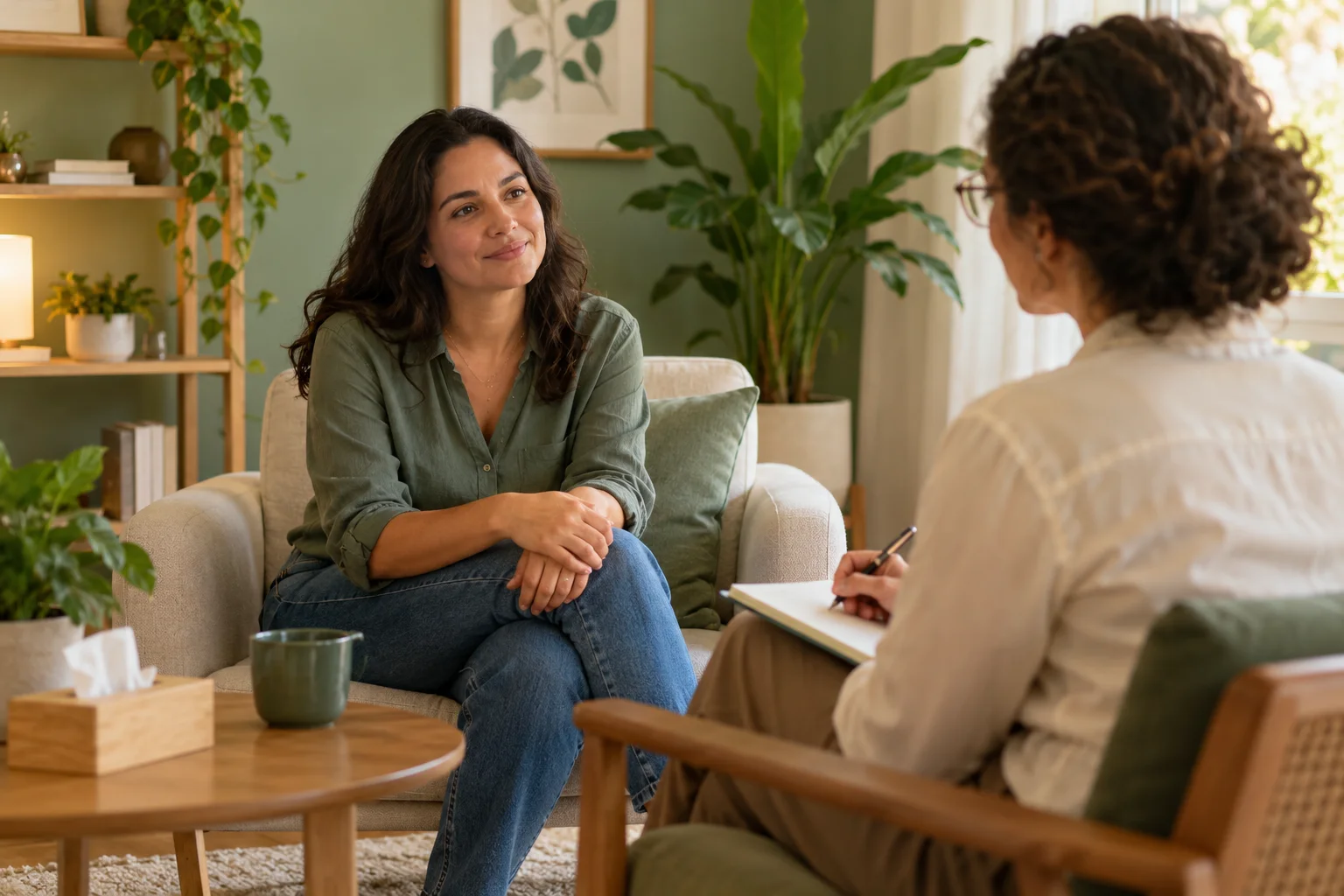 Cena ilustrativa de uma mulher em conversa com uma profissional de saúde mental.